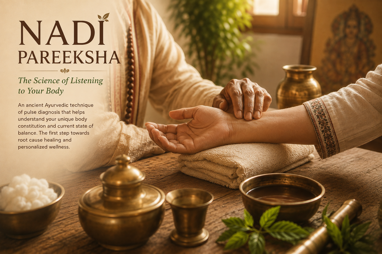 Ayurvedic practitioner performing Nadi Pareeksha pulse diagnosis on the patient's left wrist